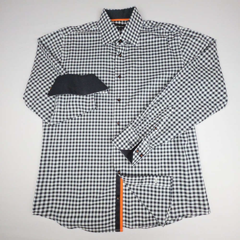LVS Signature Contemporary Fit Dress Shirt Mens Large Black White Gingham Cotton